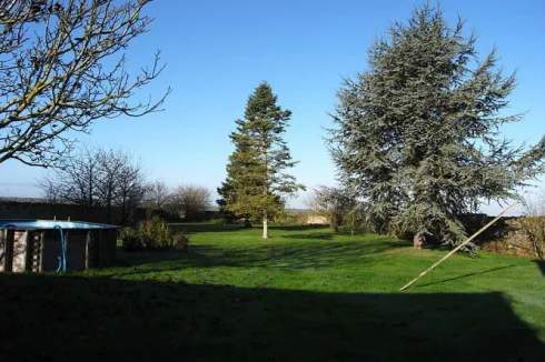 View of orchard garden beyond outbuildings