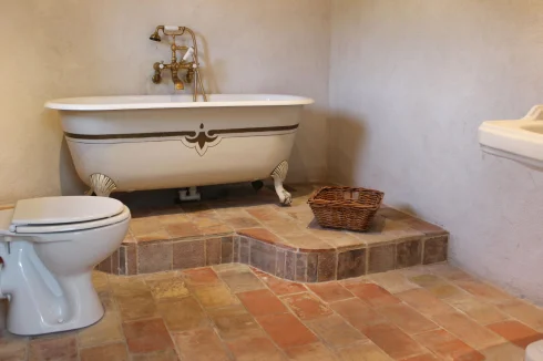 Bathroom 3 with antique roll-top claw-feet bath and brass shower unit.