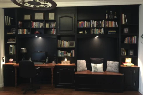 Office in Library with integrated cabling and lighting, bench with filing cabinet