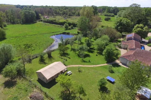 Aerial view with one of two safari tents