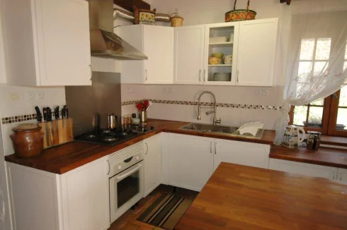 Stainless steel hood, large sink, and dual stove top (electric & propane)