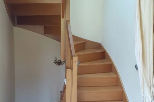 Oak stairs up and down, removable wooden stairgates, lined curtain for heat retention